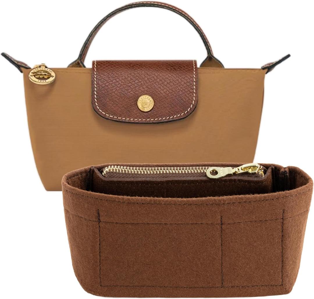 Mini Purse Organizer Insert for Longchamp Le Pliage Small Tote – Felt Inner Bag Liner with Zipper Pocket, Lightweight Storage for Mini Handbags, Brown