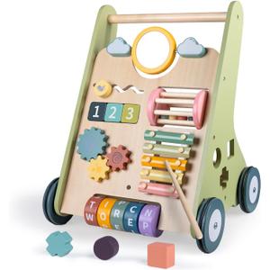 Wooden Baby Walker with Wheels, Baby Walker for Boys 6-12 Months Push Toy, Montessori Walking Toys for 1 Year Old Activity Center