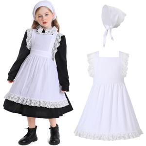 Kosgraiy Colonial Prairie Costume Dress for Girl, Kid Manor Maid Dress, Victorian Maid Costume, Girl Pilgrim Outfit, Black, M/ 130
