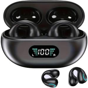 Open Ear Clip Bone Conduction Headphones Bluetooth, Sports Earphones Built-in Microphone with Earhooks & Ear Hook, Wireless Charging Case Display, Waterproof Fitness Headphones for Sports (Black)