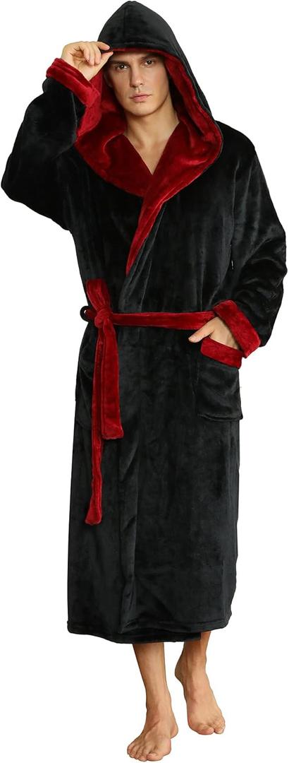 U2SKIIN Mens Hooded Robe, Plush Robes for Men Long Fleece Bathrobe (Large-X-Large, Black/Dark Red Hooded)