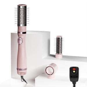 Blow Dryer Brush, 3-in-1 Rotating Hair Dryer Brush with 3 Heads for Drying Styling Volumizing Curling Sleeking in One Step for Long Hair, 3 Temperatures, Negative Ionen, Ceramic Coating, Pink