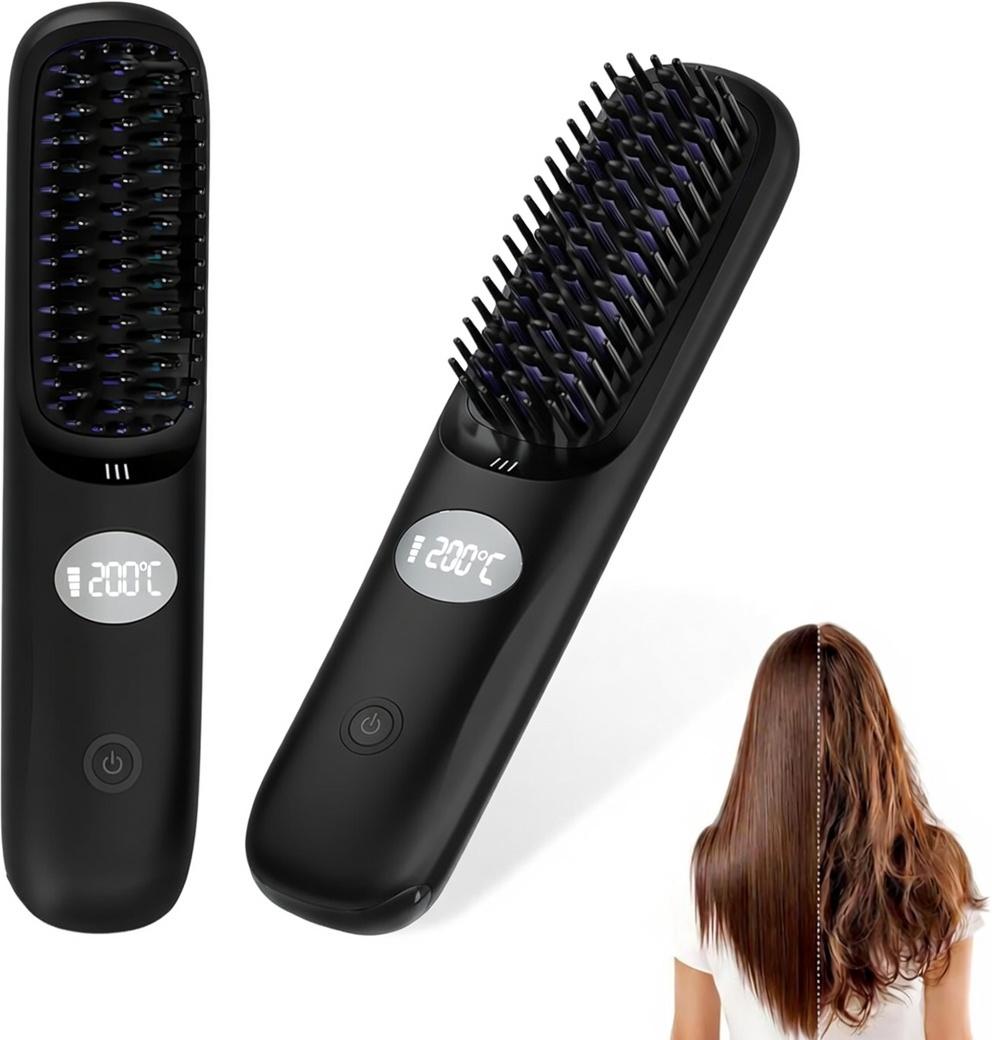 Go Brush Pro Portable Cordless Hair Straightener Brush for Travel, Fast Heating Straightening Comb with LCD Display & F/C Switch, Rechargeable Anti-Frizz Styling Tool for Smooth Shiny Hair (Black)