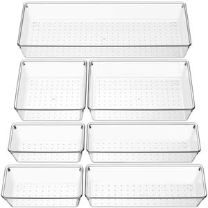 Criusia Clear Drawer Organizer 7 PCS - 5 Size Plastic Versatile Kitchen and Bathroom Organizer Trays, Non-Slip Storage Bins for Makeup, Utensils, Tool and Office Desk