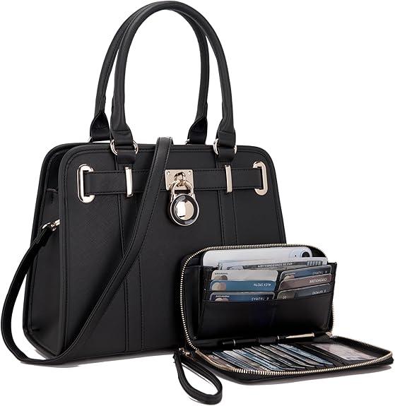 Handbags Sets For Women Shoulder Bags Top Handle Work Satchel Tote Purses Set With Matching Wallet 2Pcs, Black
