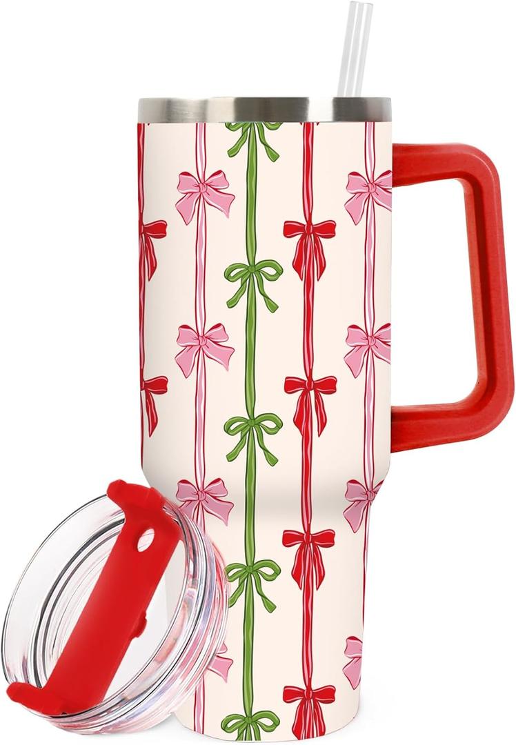 40oz Bow Tumbler with Handle Pink Red Green Bowknot Tumbler with Lid Straw Christmas Stainless Steel Cup Gifts for Woman Girls Xmas Winter Home Office Travel