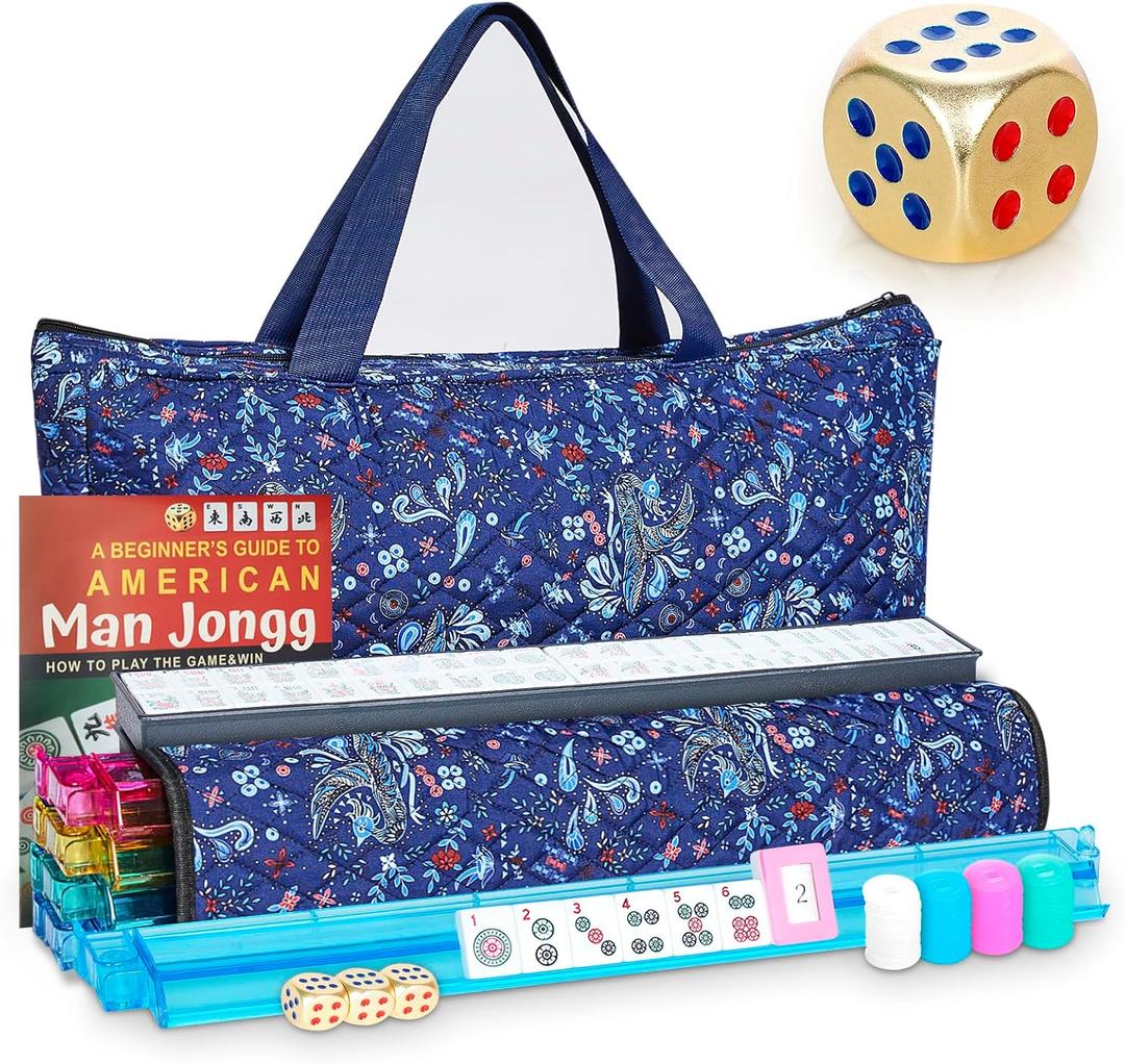 New American Mahjong Game Set, 166 Premium White Tiles with Portable Metal Dices, 4 All-in-One Racks with Pushers, Mah-Jong Games Sets, Ma Jong Tile Game (Blue), 21.5 inches x 5.2 inches
