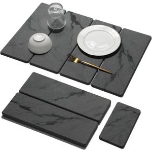 Large Stone Dish Drying Mat for Kitchen Counter, 2 PCS Quick Dry Stone Mats, Foldable Water Absorbing Diatomaceous Earth Drying Dishes Pad for Countertop Bottles Utensils Cup(Dark gray 24"x16"&8"x4")