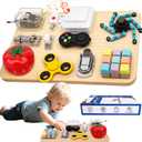 Busy Board Toy for Toddlers, 11 in 1 Wooden Montessori Educational Fidget Sensory Toy for Stress Relief, Activity Board Desk Gadget for Kids Preschool Learning, Car Airplane Travel Birthday Gift 11"