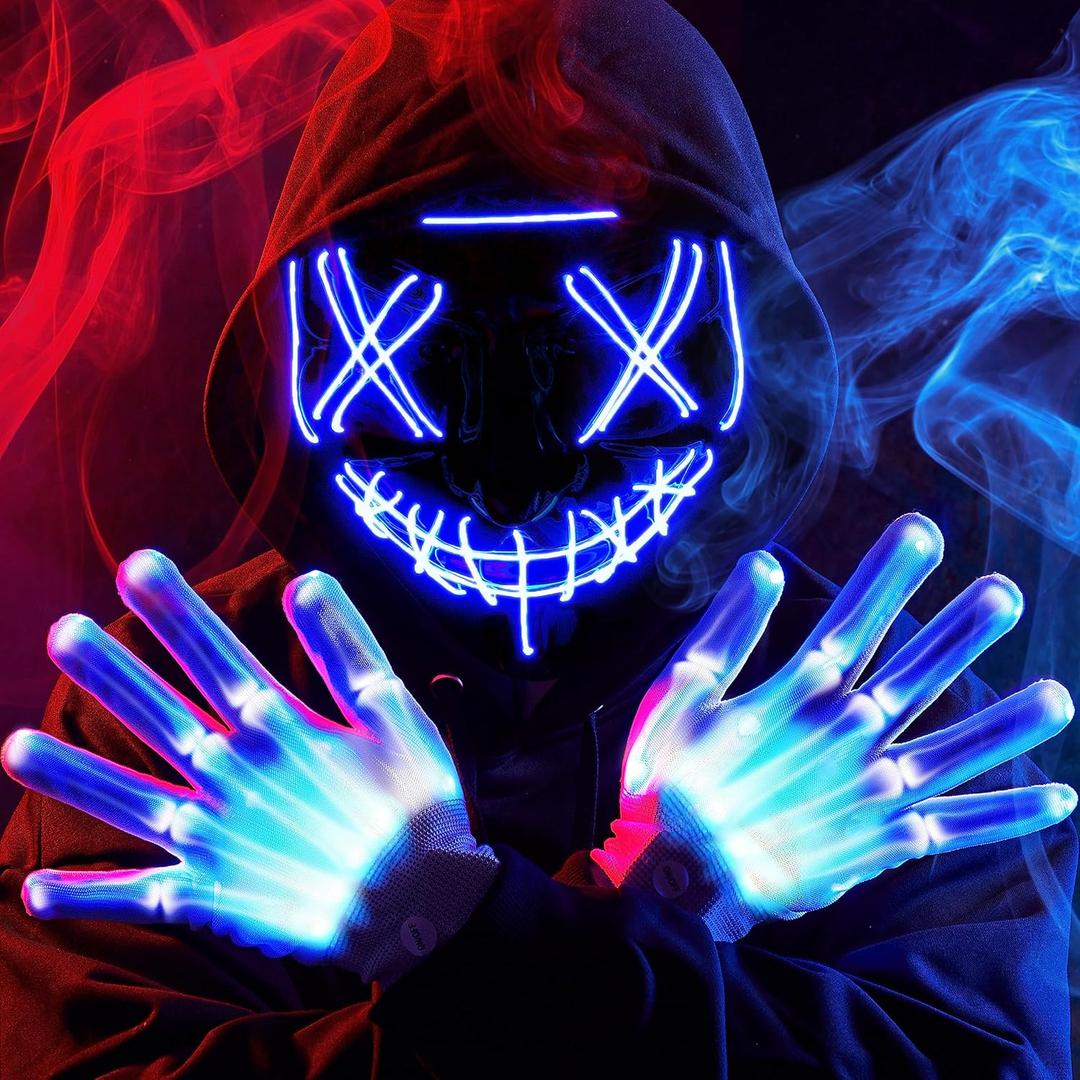 JOYIN Halloween Led Mask, Light Up Mask and Gloves for Cosplay Costume (Blue), 3 Modes Scary Glow in The Dark Masks for Boys Girls Halloween Party Dress Up Accessories, Gifts Giving