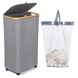 DoReFaSol Large Laundry Basket with Wheels, 100L Hampers for Laundry, Freestanding Laundry Hamper with Lid and Bamboo Handles, Collapsible & Waterproof Tall Cloth Hamper for Dorm Family, (Grey）