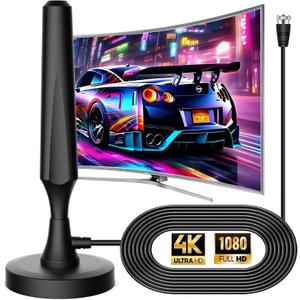 TV Antenna for Smart TV Indoor TV Antenna for Easy Installation Long Range Reception HD Antennas for TV Indoor 4k 1080P Channels Strong Magnetic Base-16.5 ft Long Cables (Black)