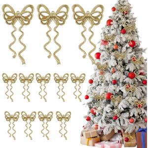 Thyle 12 Pcs 6.7''x3.4'' Gold Glitter Christmas Bows Ornaments Plastic Shiny Christmas Tree Decorations Bows for Wreath Garland Xmas Party Decorations Wedding Baby Shower Home Indoor Outdoor