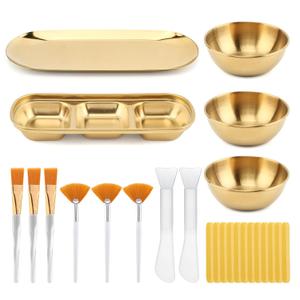 25pcs Esthetician Supplies for Facials, 3 Gold Mixing Bowls, 3 Compartment Serving Tray, 3-Facial Fan Brushes, 3-Face Mask Applicator Brush, 12 Compressed Sponge, for Women Facial Mask Mixing Kit