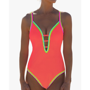 popvil Women One Piece Swimsuit Tummy Control Deep V Neck Neon Cute Bathing Suit Back Tie Swim Suits 2025 Summer, Orange, Small