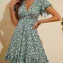 2 x TORARY Womens Summer Dresses 2026 Floral Cap Sleeve Wrap V Neck Ruffle A-Line Sun Dress (Green, L)