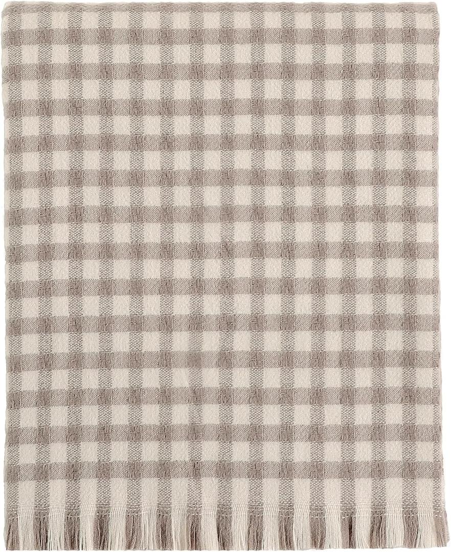 CREVENT Farmhouse Boho Knitted Throw Blanket for Couch Sofa Chair Bed Home Decoration, Soft Warm Cozy Light Weight for Spring Summer Fall (50''X60'' Plaid Tan)