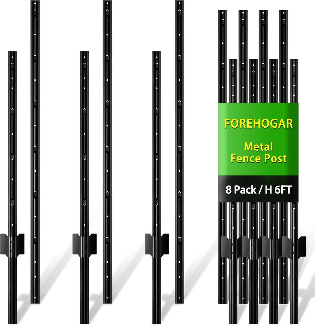 Metal Fence Post Black 6 feet, Pack of 8, T Posts for Fences Wire Mesh, No Dig Steel Stakes Fencing for Garden Yard Farm Outdoor Light Duty