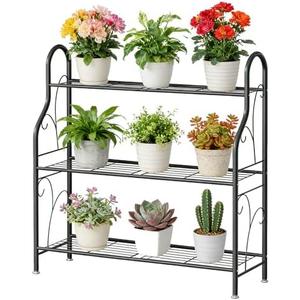 SORCEDAS Plant Stand Indoor Outdoor Plant Shelf 3 Tier Metal Corner Flower Stand Multiple Holder for Patio Garden Balcony Living Room, Dark Grey