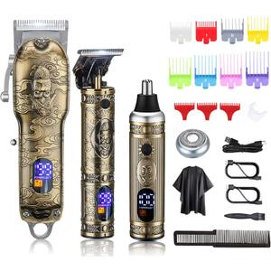 Suttik Hair Clippers for Men Nose and Beard Trimmer Set of 3, Professional Cordless Barber Clippers for Hair Cutting Grooming Kit, Rechargeable, LCD Display (Gold)