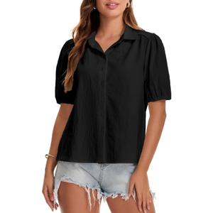 MISMI Women's 2026 Summer Button Down Shirts Short Puff Sleeve Collared V Neck Cotton Casual Blouse Tops Black, X-Large