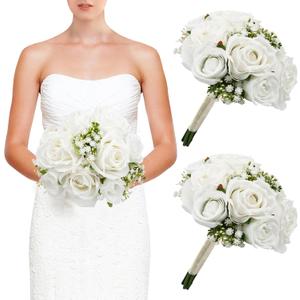 Wedding Bridesmaid Bouquets Set of 2, Artificial Silk Flowers Arrangement for Ceremony Marriage Proposal Party Anniversary Decorations - White