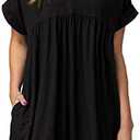 Jayscreate Women's Baby Doll Dress Summer Casual Tunic Pleated Flowy Swing Short Sleeve Black V Neck Mini Dress.3XL