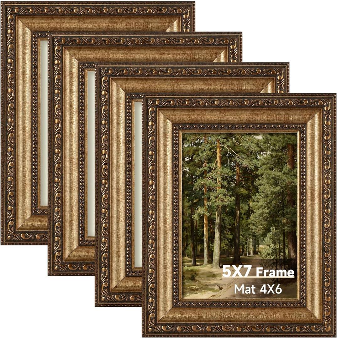 Splinterix 5x7 Antique Bronze Vintage Picture Frame Set of 4, Ornate Vintage Picture Frames for Wall or Tabletop Display, 5x7 Photo Frame Gold with Real Glass, Display Poster 4x6 with Mat or 5x7 without Mat for Antique Dco