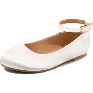 K KomForme Girl's Ballerina Flat Ankle Strap Dress Ballet Flat Shoes, 1 Big Kid, White/Satin