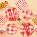 175 Pcs Red Gingham Plates and Napkins Party Supplies - Red and White Checkered Plates Sets Serve 25 Guests - Scalloped Gingham Paper Plate for Birthday Picnic Mother's Day Party Decorations