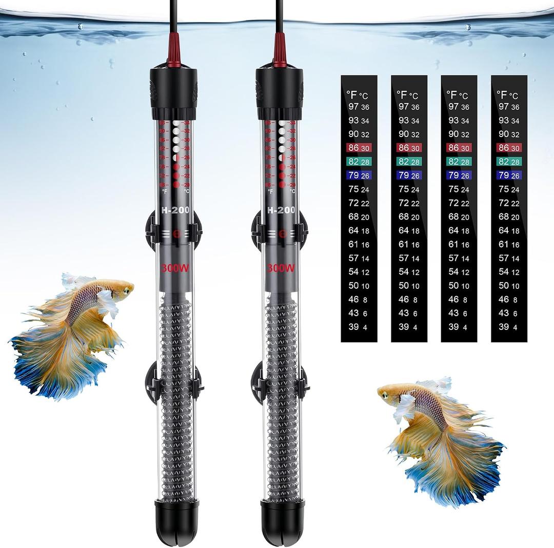 Dreyoo 2 Set 300W Submersible Aquarium Heater, Adjustable Aquarium Fish Tank Heater with 4 Thermometers Stickers and Suckers, Adjustable Knob Thermostat for Marine Saltwater and Freshwater