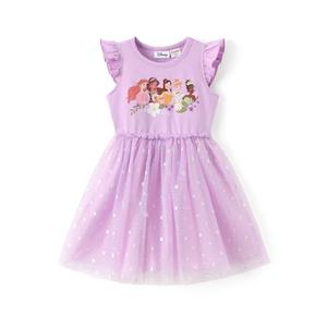 Disney Princess Toddler Girl Dress Glitter Mesh Overlay Tulle Summer Clothes Flutter-Sleeve Outfit Sweet School Party Birthday Sundress 5-6 Years