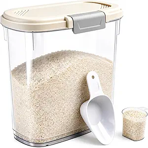 Large Rice Storage Container 15-20 Lbs, Tall Flour Container with Scoop + Cup - Slim Dry Food Storage Bin for Cereal, Sugar, Beans, Pet Dog Cat Food Container - Kitchen and Pantry Storage Organization