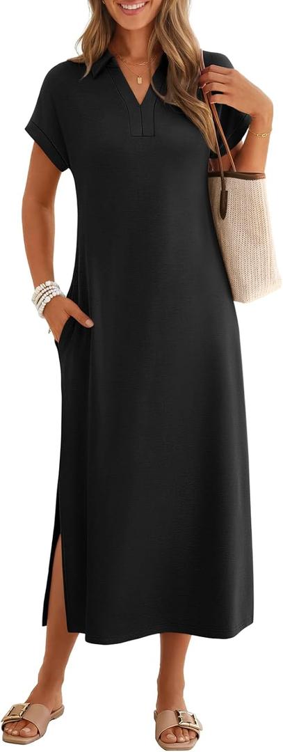 MEROKEETY Women's Summer Casual Maxi Dress 2026 Cap Sleeve V Neck Collared Beach Vacation T Shirt Long Dresses (Black, L)