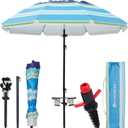 HOMEDEMO 7FT Beach Umbrella with Table & Large Sand Anchor, Heavy Duty Windproof Portable Beach Umbrella witn UPF 50+ Sun Protection, Outdoor Umbrellas with Adjustable Aluminum Pole, Blue Green White