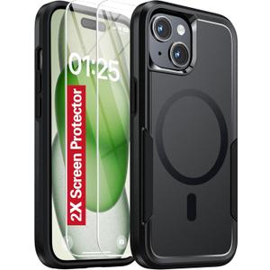 Oterkin Magnetic for iPhone 15 Case, [Compatible with MagSafe],[Strong N52 Magnets] Phone Case with [2Pcs Tempered Glass Screen Protectors][10FT Military Grade Protection] (K-Black)