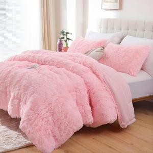 Smoofy Fluffy Queen Comforter Set, Faux Fur Pink Comforter Set Queen Size, Luxury Fuzzy Bedding Set, Soft Shaggy Bed Set Pink for All Season, 3 Pieces - 1 Comforter & 2 Pillowcases