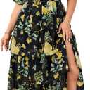 SCOMCHIC Womens Plus Size Maxi Dress Wedding Guest Tiered Long Dresses | Puff Short Sleeve Floral Dress, Elegant Cocktail Dress, Evening Party Dress, Formal Dresses, Summer Dresses, Dress with Slit (XXL)