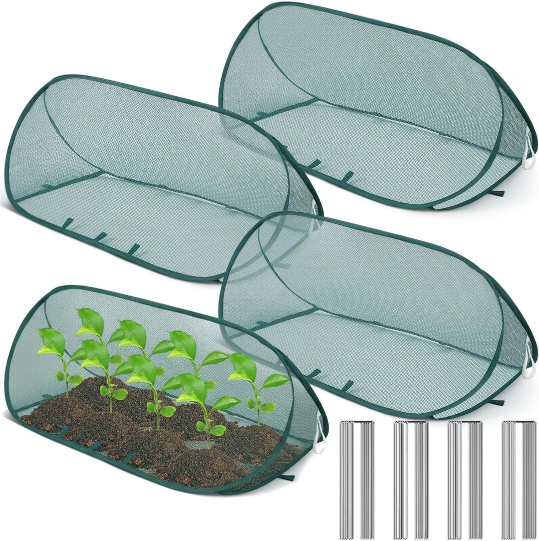 4 Sets 39" x 15" x 15" Pop up Garden Mesh Plant Cover Garden Rows Plants Cover with 24 Pcs Ground Nails Foldable Outdoor Protector Tent for Vegetables Fruits Seedlings Flowers from Animals, Dark Green 