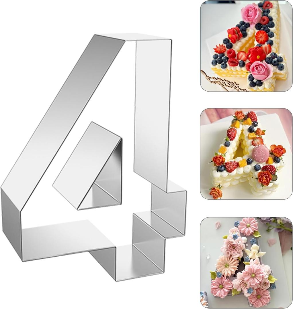 ZADE 8 Inch 304 Stainless Steel Large Size Number Cake Mousse Mold Number 4 Tiramisu Cheesecake Mold Cookie Cutter Bakeware 3D Cake Baking Pan for Birthday and Baking, Party