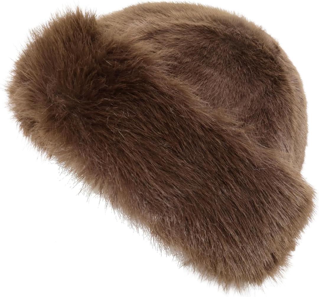 Womens Faux Fur Hat Winter Thickened Bucket Hat Warm Faux Fur Hats Plush Mongolian Hats Russian Beret for Women