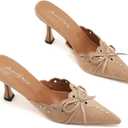 Kitten Heel Mules for Women Bow Tie Suede Stiletto Heels Mule Pointed Toe Studs Slide Heeled Sandal Pumps for Wedding Dress Party, 38