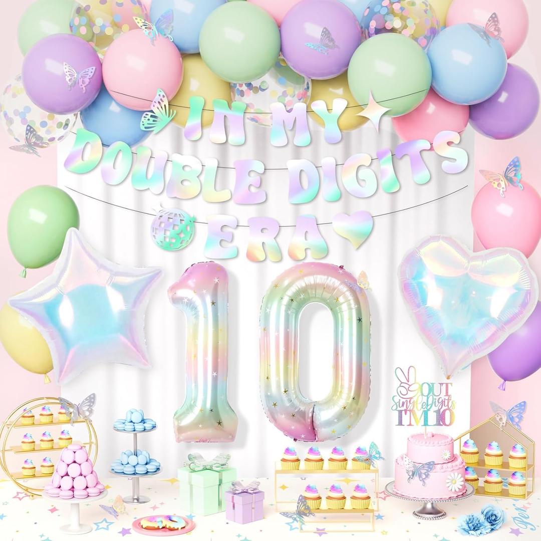 10th Birthday Decorations for Girl Pastel, 10 Year Old Girl Birthday Decorations In My Double Digits Era Banner Star Heart Foil Balloon Cake Topper Butterfly Party Supplies