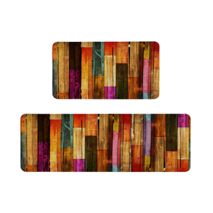 Kitchen Rugs Sets of 2 Non Slip Washable, Rustic Colorful Wooden Kitchen Mats for Floor 2 Piece Home Decor