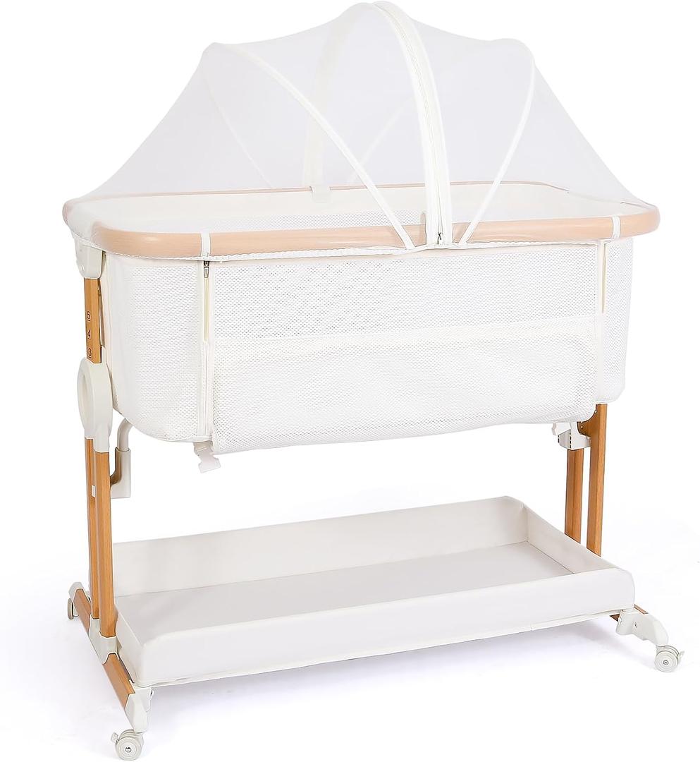 bicystar Baby Bassinet Bedside Sleeper 2 in 1 with Wheels, Breathable All Mesh with Mattress, Incline Option, 5 Adjustable Heights for Newborn to 6 Months Infant, Crib