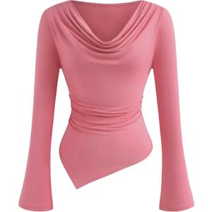 PRETTYGARDEN Womens Bell Long Sleeve Shirts Casual Cowl Neck Asymmetrical Slim Fit Crop Tops Y2K Going Out Spring Clothes (Pink, L)