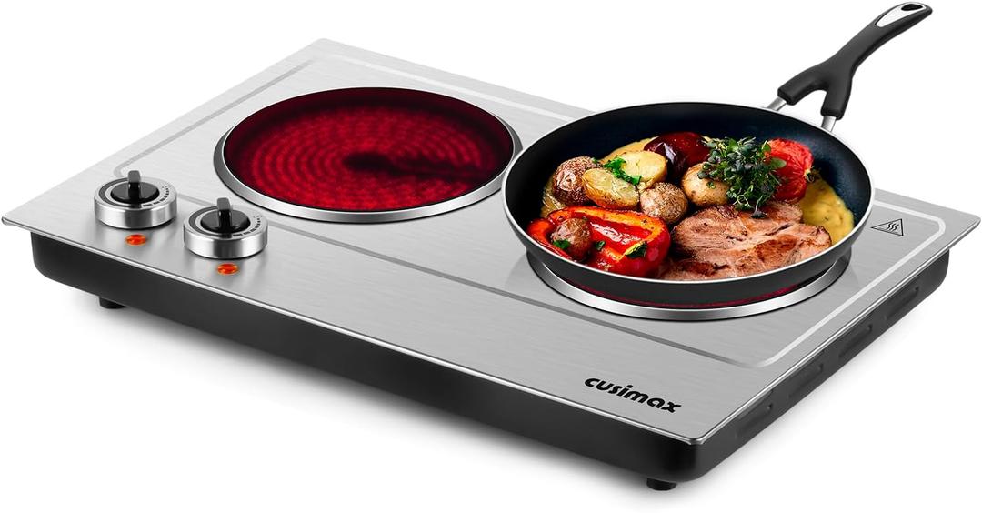 Hot Plate,CUSIMAX Portable Electric Hot Plates for Cooking,1800W Dual Infrared Burner with Adjustable Temperature Control,Electric Ceramic Glass Stove for Stainless Steel,Easy Clean for Home, Dorm, RV