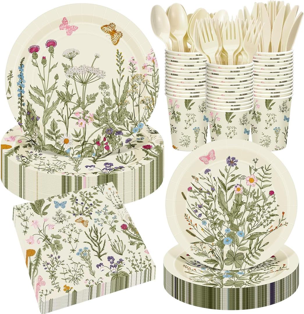 400 Pcs Wild Floral Disposable Paper Plates Napkins Cups Serve 50 Watercolor Floral Tableware Set for Spring Wedding Tea Party Decoration Bridal Baby Shower(Vintage Color, Classic Style)