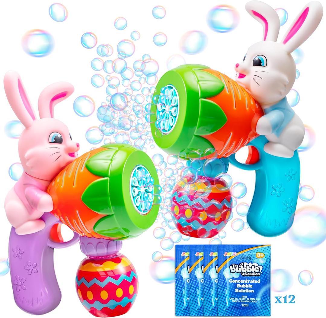 Sloosh 2 Packs Easter Bunny Bubble Gun for Toddlers 3+, Light Up Bunny Bubble Blower with 12 Refill Solution for Kids Ages 4-8, Birthday Party Gifts, Outdoor, Easter