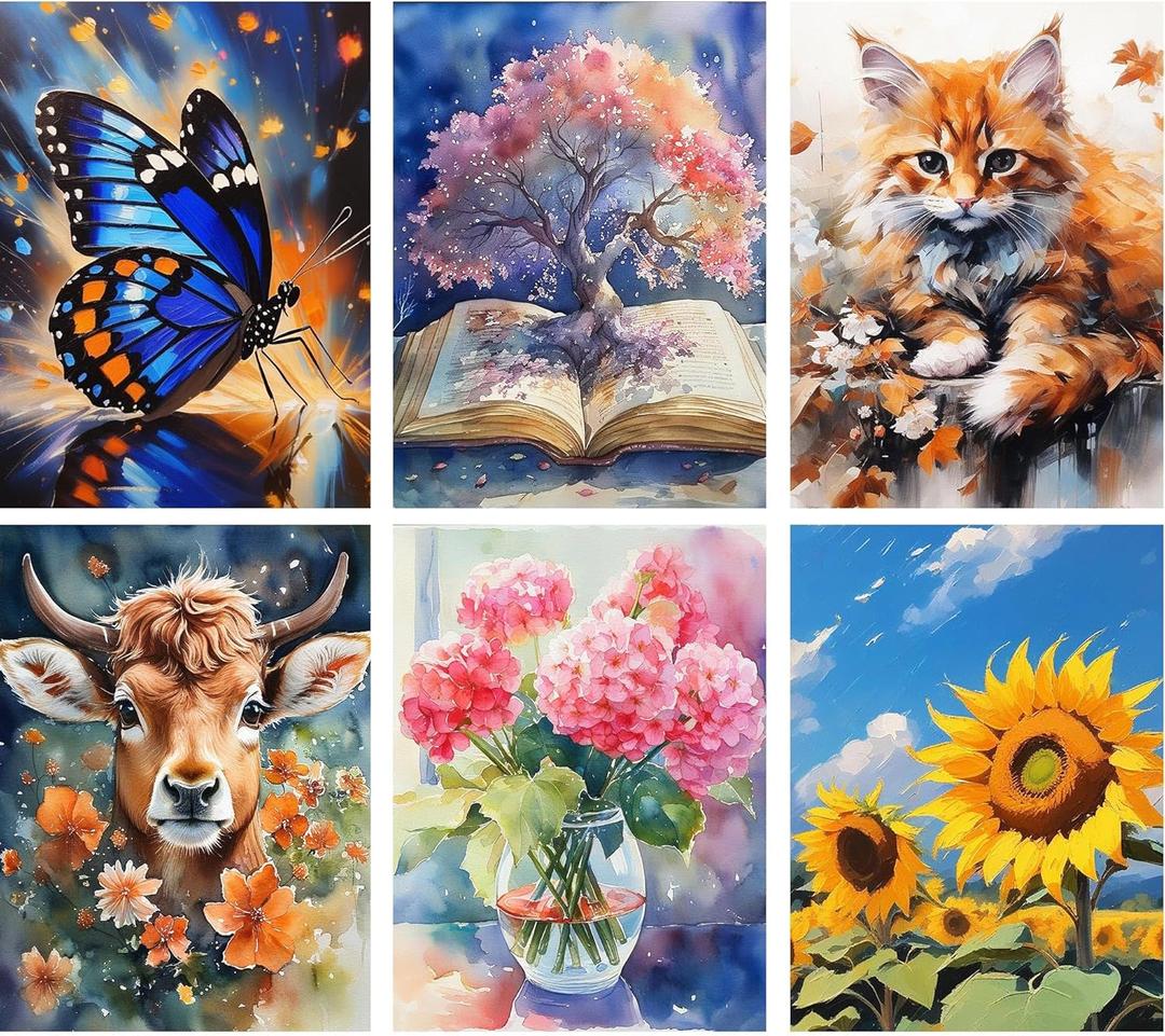 geesfayan 6 Pack Diamond Painting Kits for Adults Beginners 12x16 inches DIY Diamond Art with 6 Designs:Tree,Cat,Butterfly,Sunflower,Highland Cow,Flower Home Wall Decor